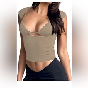 LovelyWholesale 2 Pc Khaki Women's👩🏻Sexy Backless Crop Top Outfit Cut Out Sx L